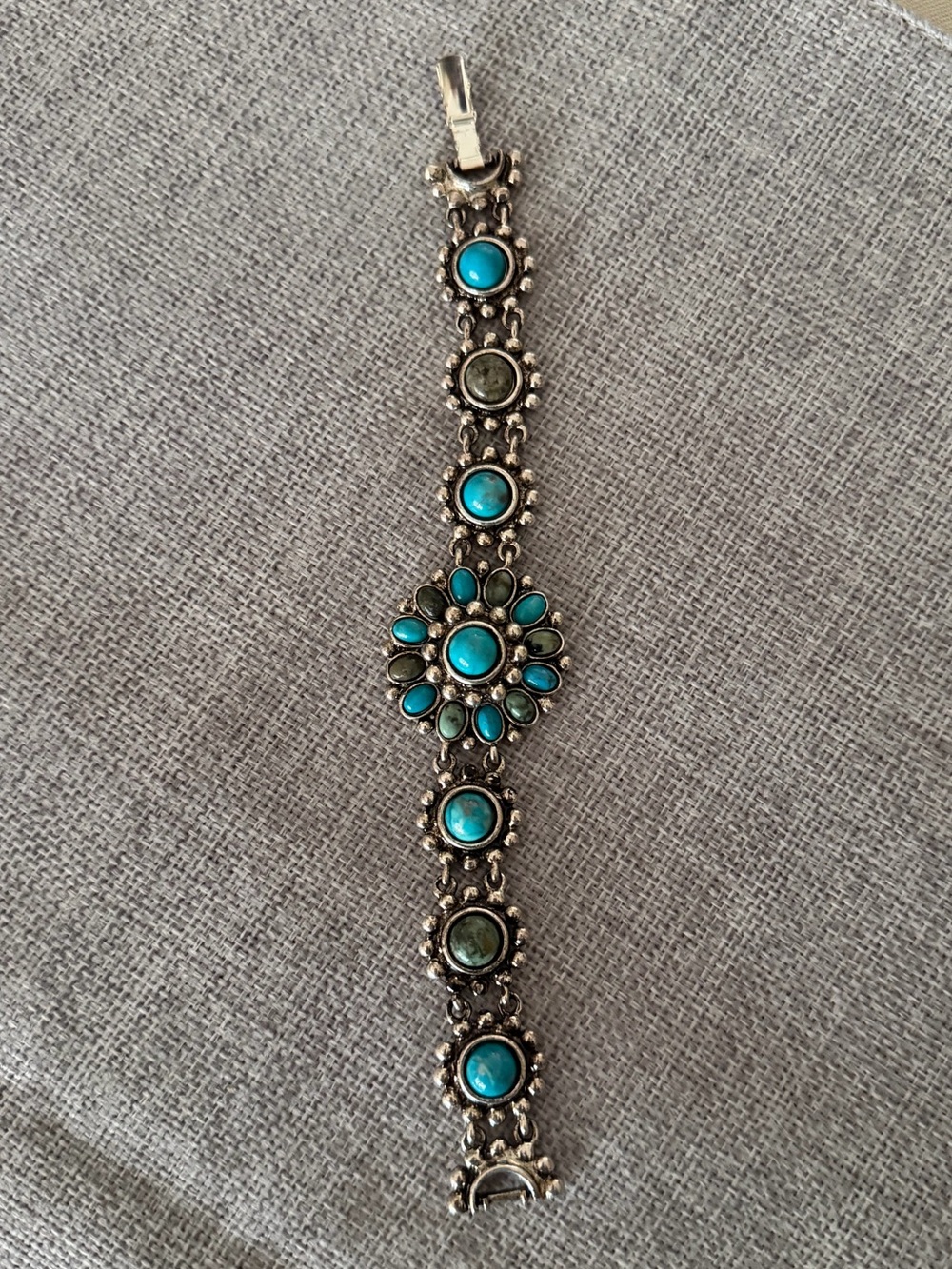 Graziano Silver Tone Turquoise Cabochon Floral Statement Bracelet | Boho Western
